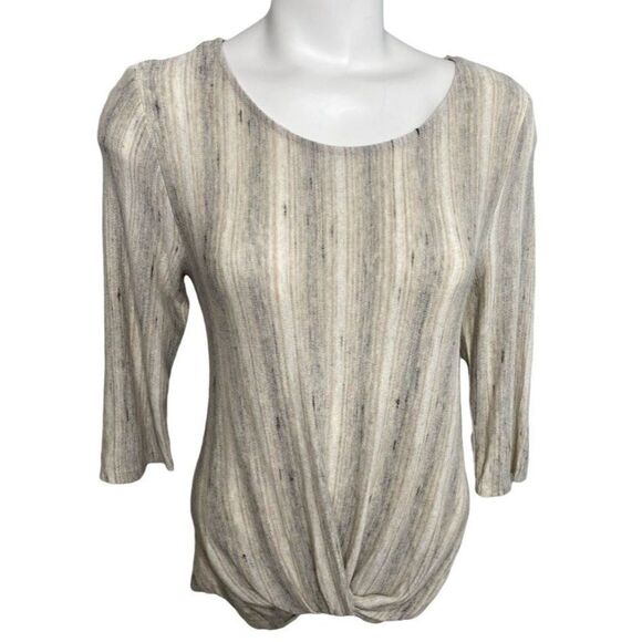 W5‎ Blouse Top Women's MEDIUM Beige White Gray Scoop-Neck Soft-Knit Twist-Front - Picture 4 of 9